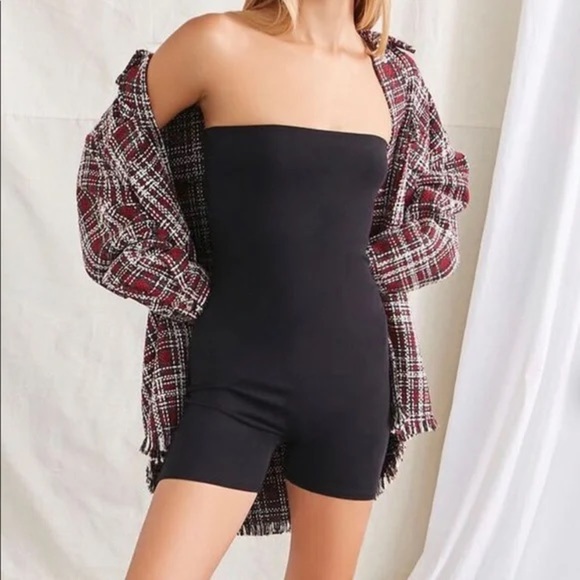 Forever21 Plaid Check Shacket Oversize Shirt Tweed Red Jacket Boucle Fray Fringe - Picture 2 of 10